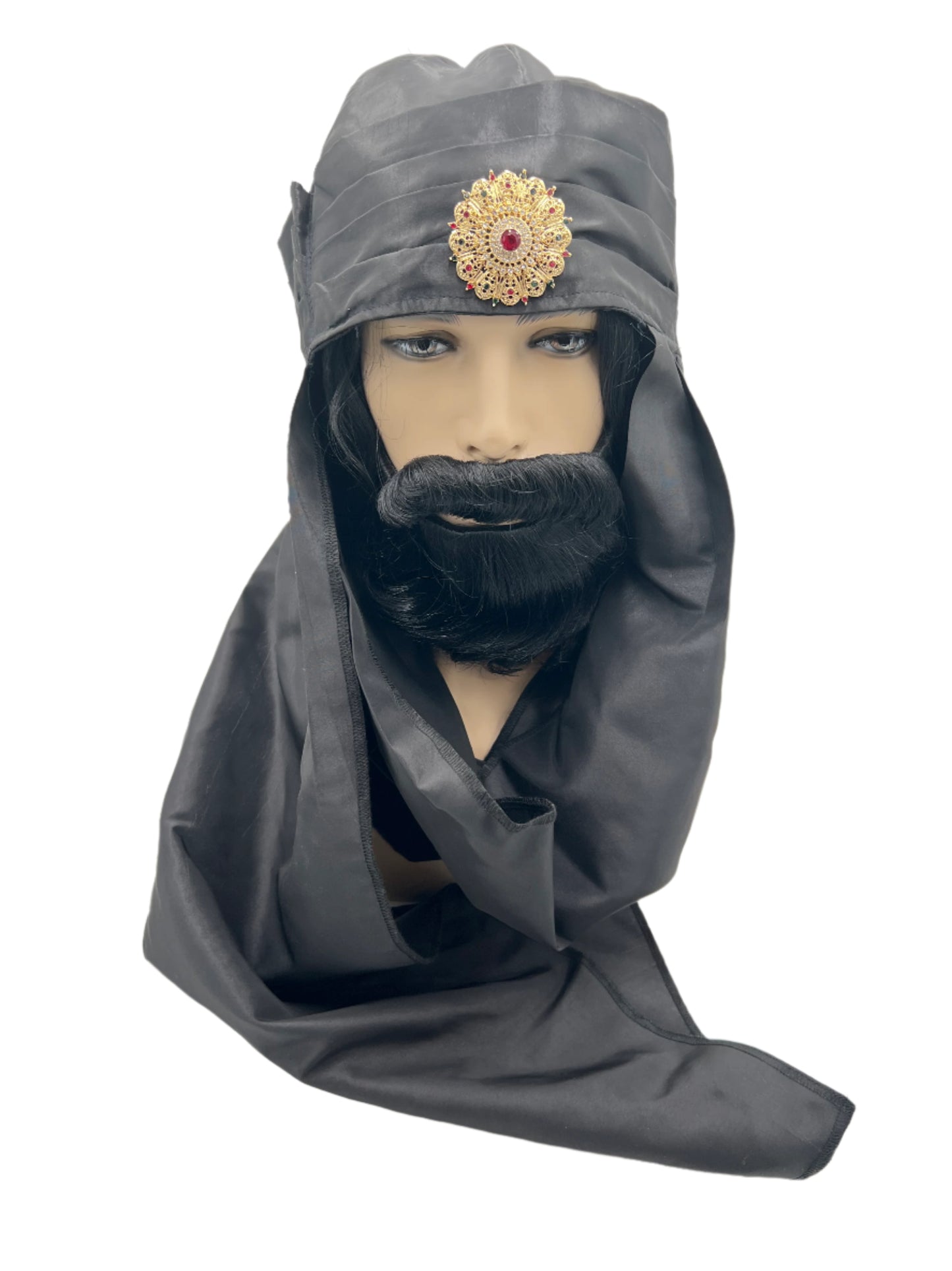 Black Three Kings Satin Turban with Gold Embellishment – Adjustable Magi Headpiece for Nativity Costumes and Religious Pageants.