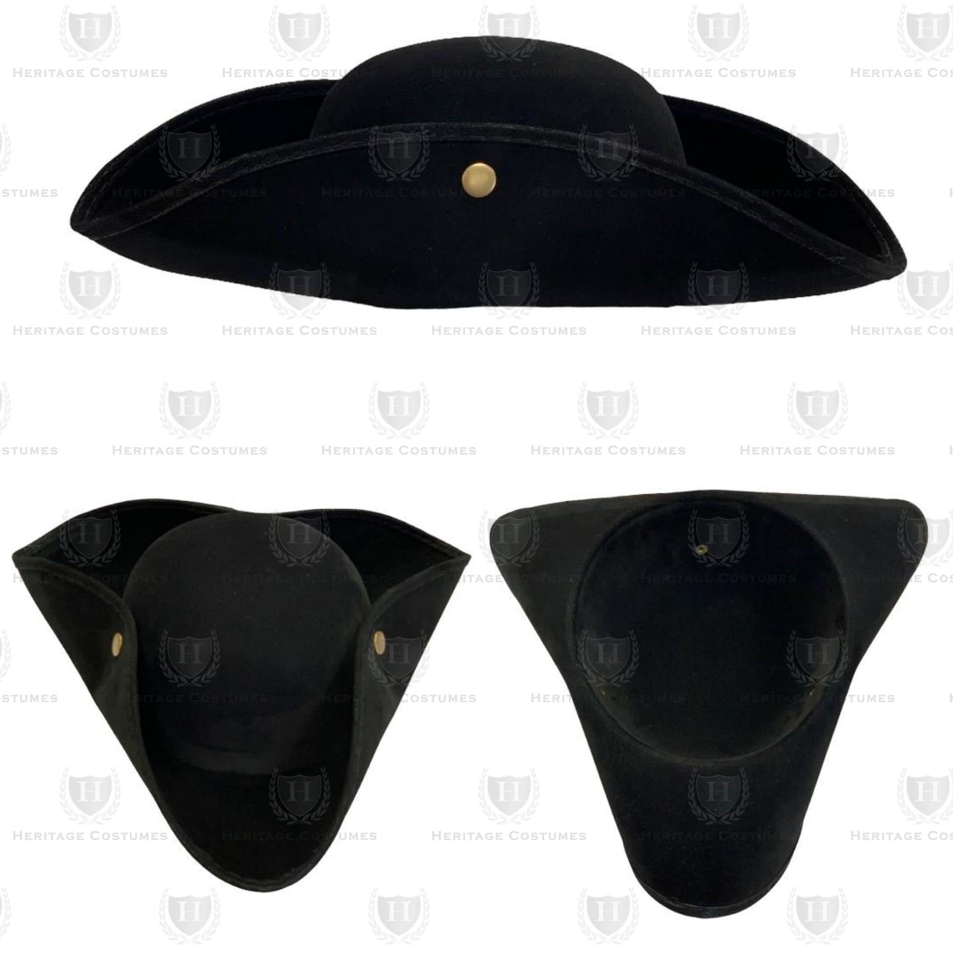 Black tricorne hat – Classic 18th-century colonial hat, perfect for Revolutionary War reenactments, historical costumes, and pirate or military attire.