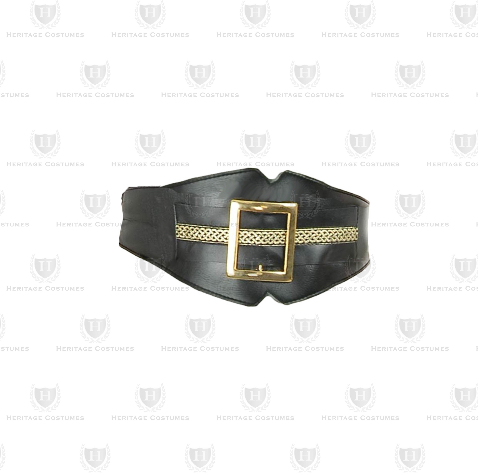 Black waist belt with gold buckle – Adjustable historical accessory with embellished trim, perfect for colonial, Victorian, and period reenactment costumes.
