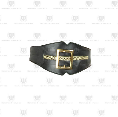 Black waist belt with gold buckle – Adjustable historical accessory with embellished trim, perfect for colonial, Victorian, and period reenactment costumes.