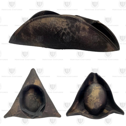 Black Weathered Tricorn Hat featuring a distressed faux-leather finish with a moldable brim, perfect for pirate costumes, historical reenactments, and Renaissance fairs.