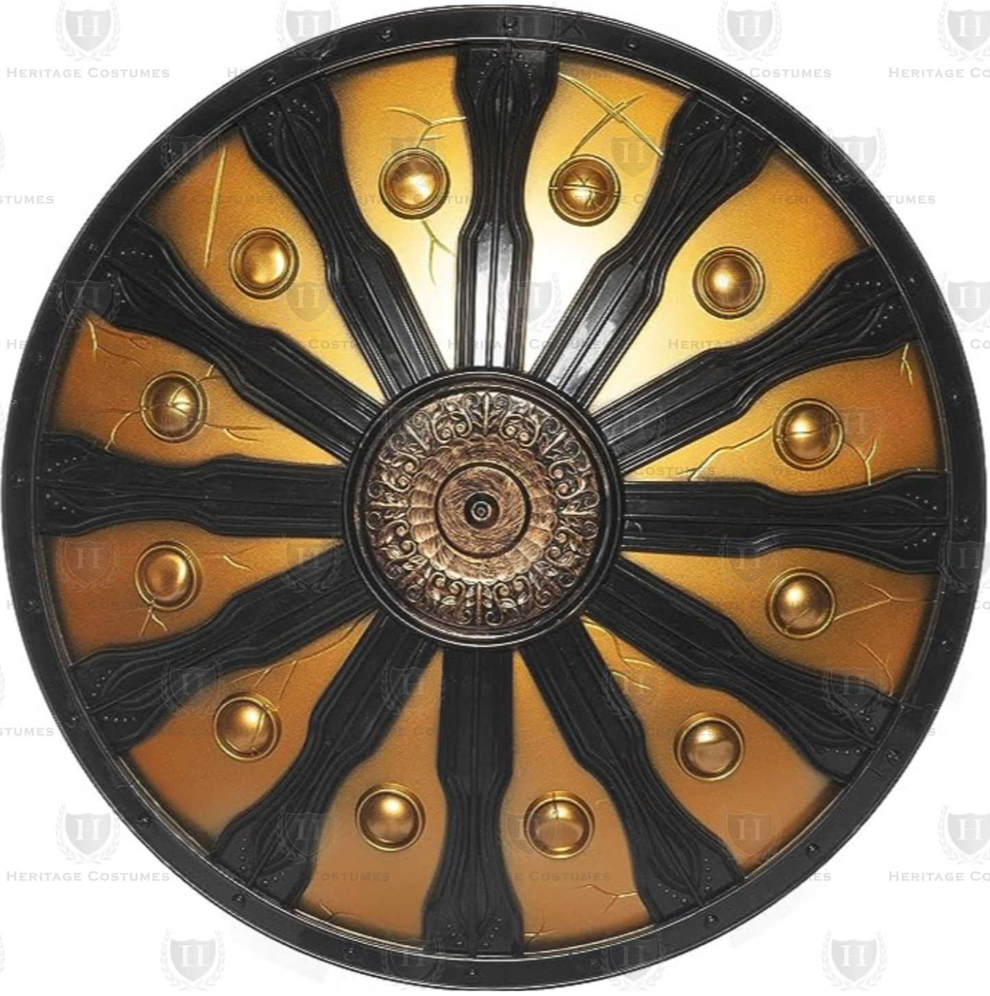 Black and Gold Warrior Shield featuring intricate raised detailing and classic Grecian motifs, crafted from durable hard plastic, perfect for historical reenactments, cosplay, and Roman or Greek warrior costumes.