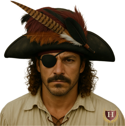 Blackbeard-style pirate hat with weathered finish and attached feather accessory, featuring a classic tricorn shape for an authentic swashbuckler look.