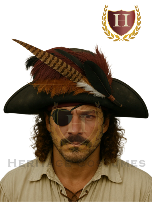 Blackbeard-style pirate hat with weathered finish and attached feather accessory, featuring a classic tricorn shape for an authentic swashbuckler look.