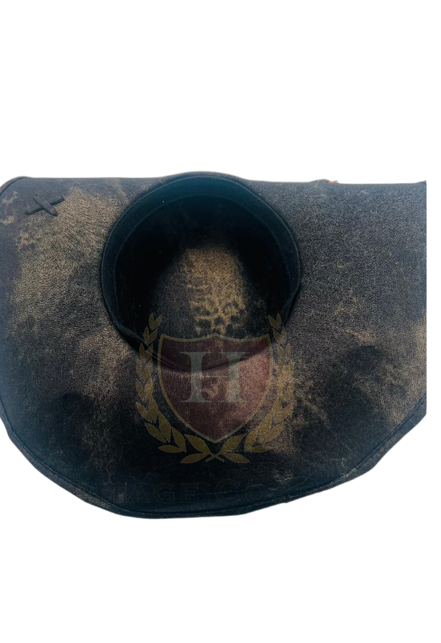 Bottom view of a flat-front pirate hat made from weathered faux leather, featuring a classic tricorn shape and detailed stitching. Ideal for pirate costumes, cosplay, and themed events.