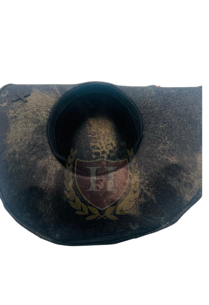 Bottom view of a flat-front pirate hat made from weathered faux leather, featuring a classic tricorn shape and detailed stitching. Ideal for pirate costumes, cosplay, and themed events.