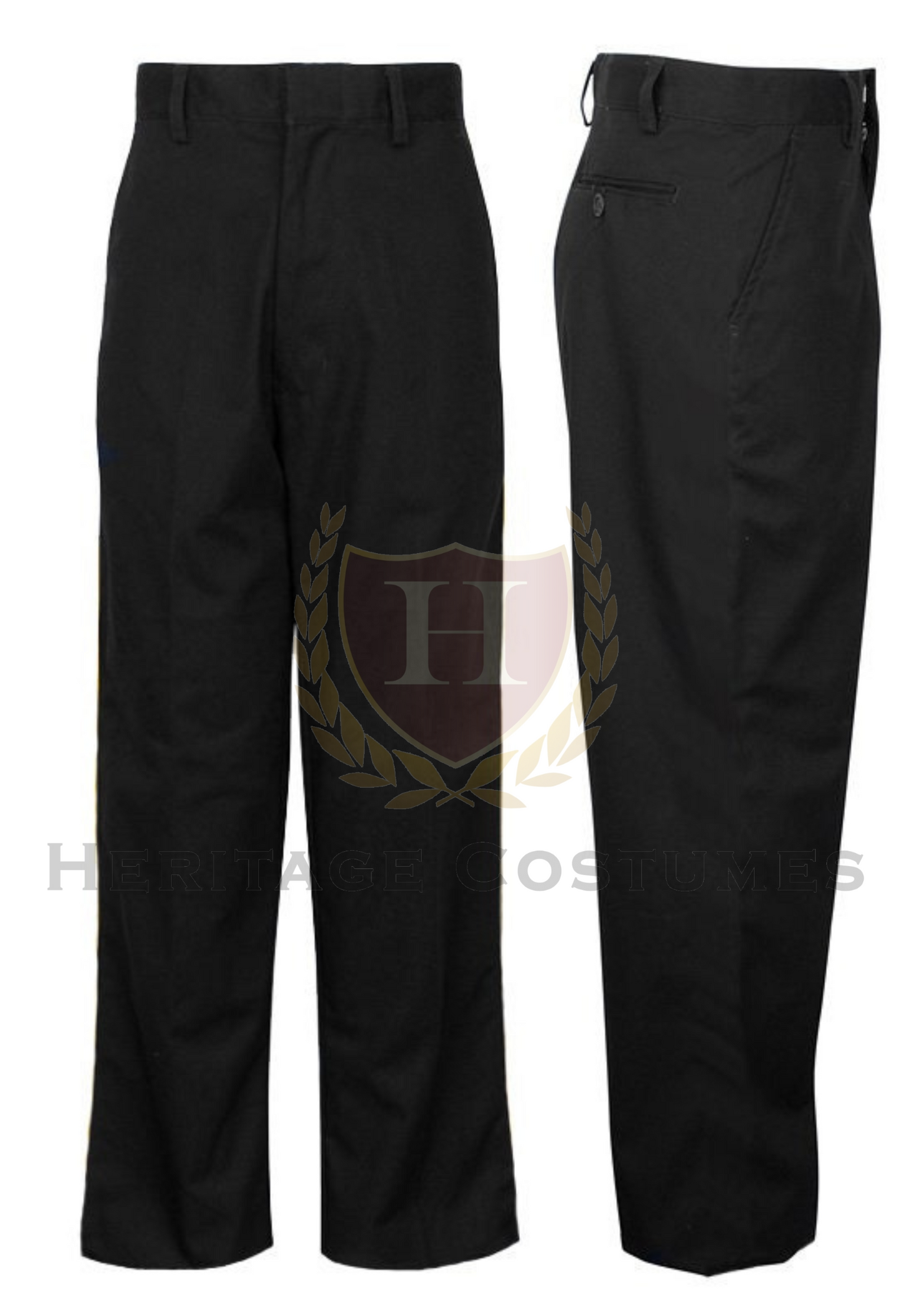 Boys' black Victorian pants made from poly/cotton twill, featuring a zipper front, button closure, and an adjustable elastic waistband for a comfortable fit. Perfect for historical reenactments, Abraham Lincoln costumes, theatrical performances, and formal 19th-century attire.