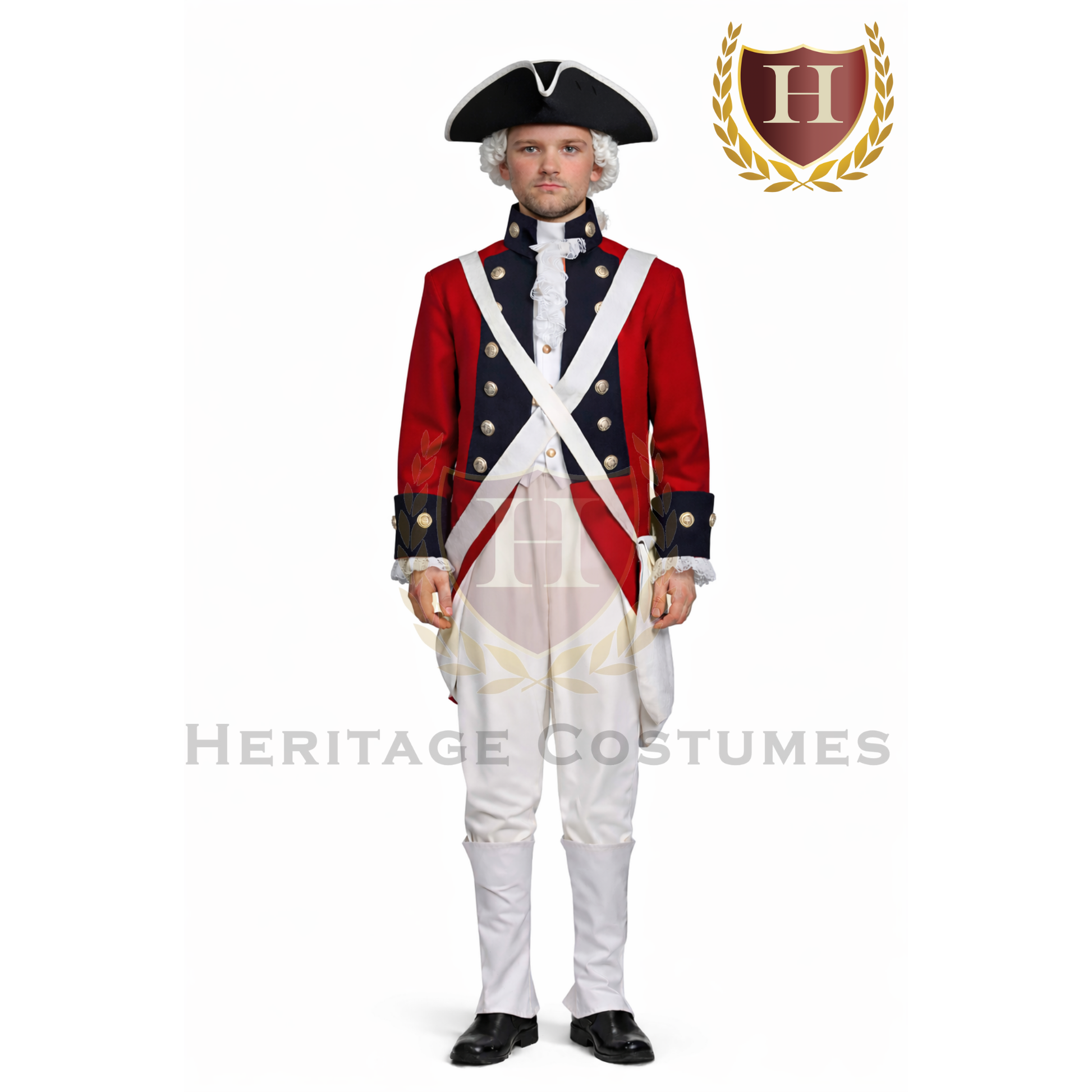 Model wearing a British men’s colonial red coat uniform, American Revolutionary War military attire.