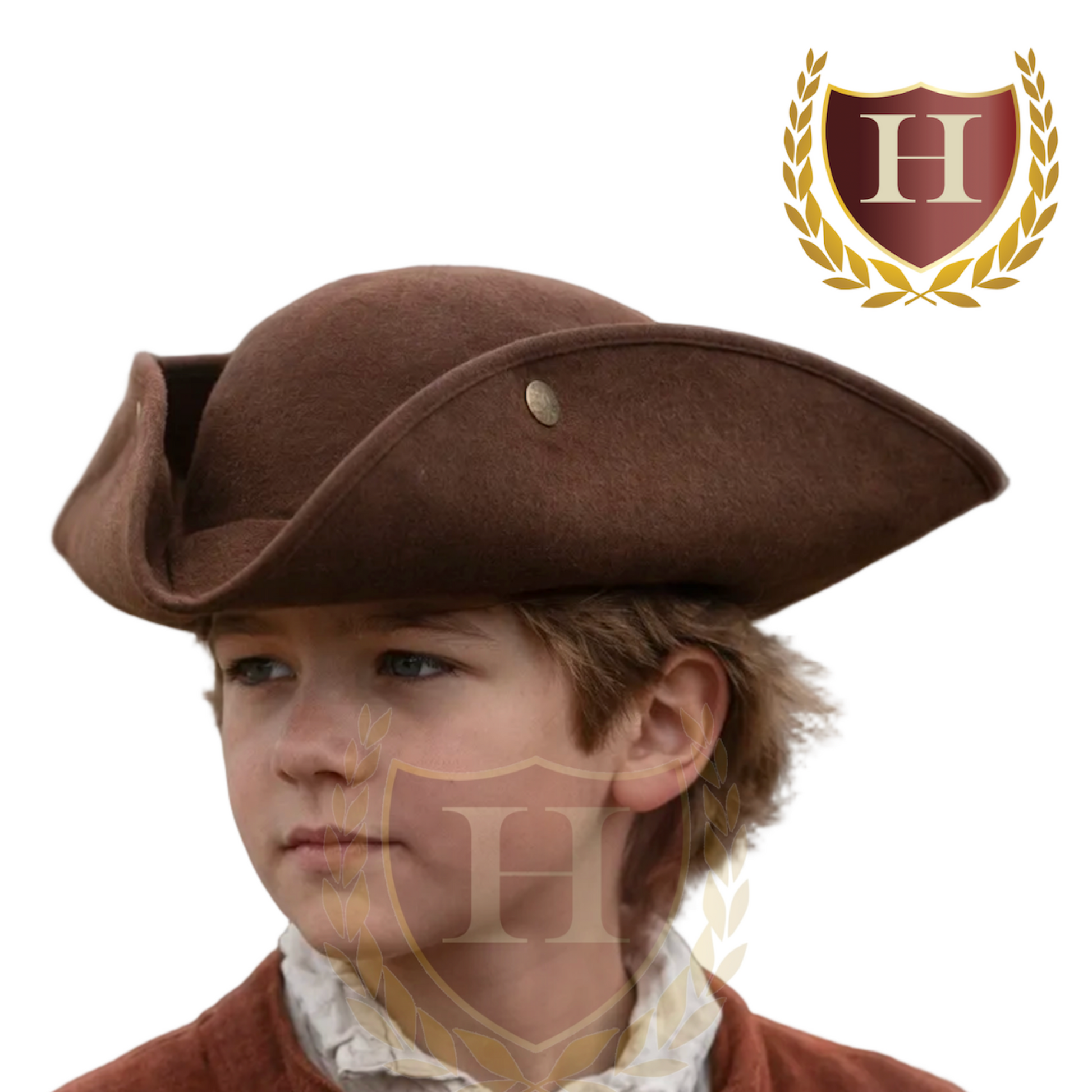 Brown children’s felt tricorn hat worn by a colonial reenactment student