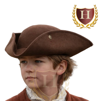 Brown children’s felt tricorn hat worn by a colonial reenactment student
