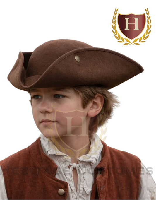 Brown children’s felt tricorn hat worn by a colonial reenactment student