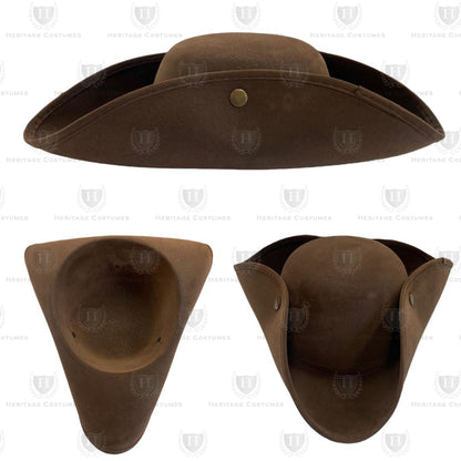 Brown colonial tricorne hat – 18th-century style hat perfect for historical reenactments, Revolutionary War costumes, and colonial-themed events.