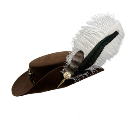 Side view of a brown flat top pirate hat featuring a tricorn brim, decorative feather, gold filigree button, and detailed gold trim along the edges.