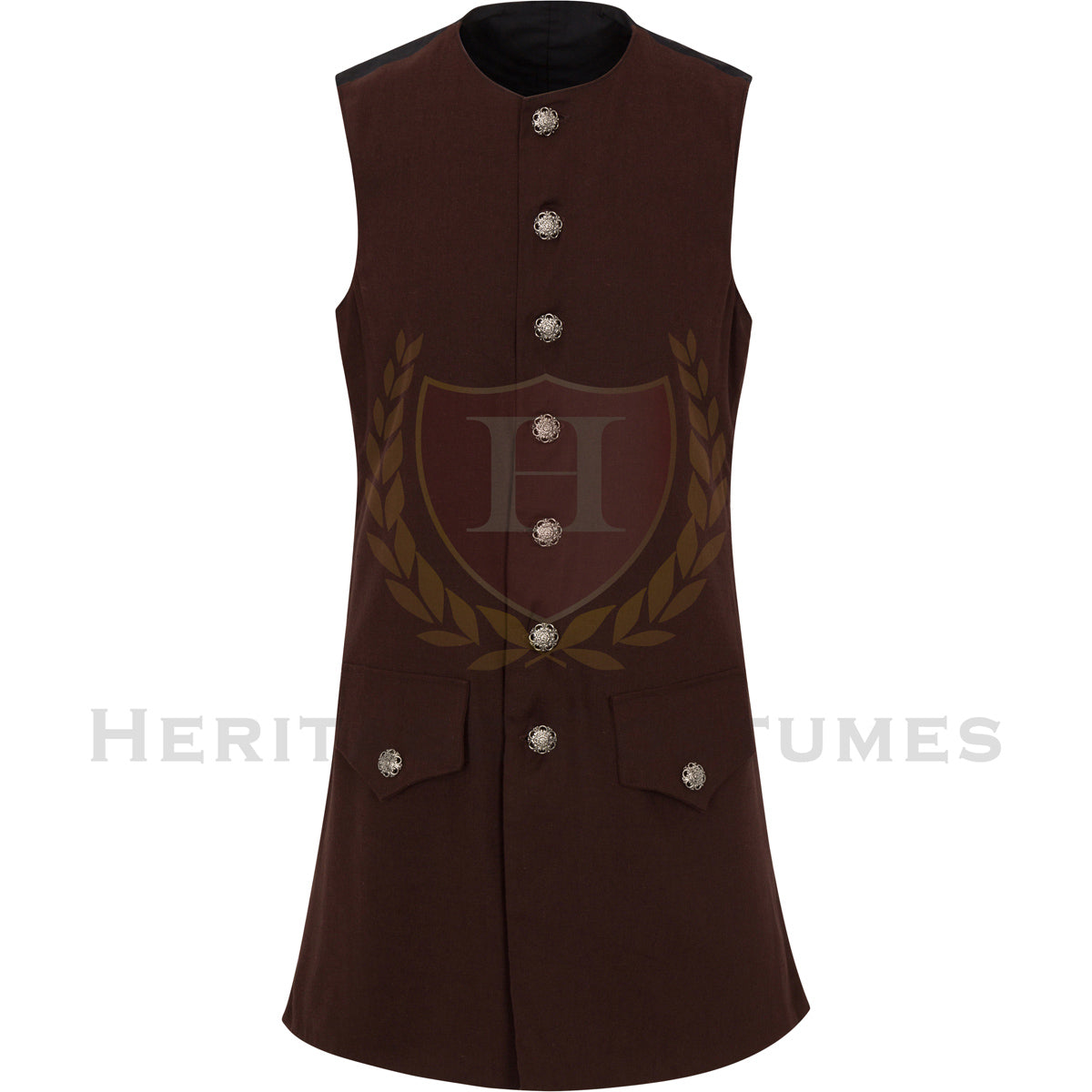 Front view of the Brown High Seas Pirate Waistcoat, a historically inspired mariner's vest featuring a brown linen blend fabric, ornate detachable buttons, and a classic 17th- and 18th-century pirate design, perfect for reenactments, cosplay, and pirate festivals.