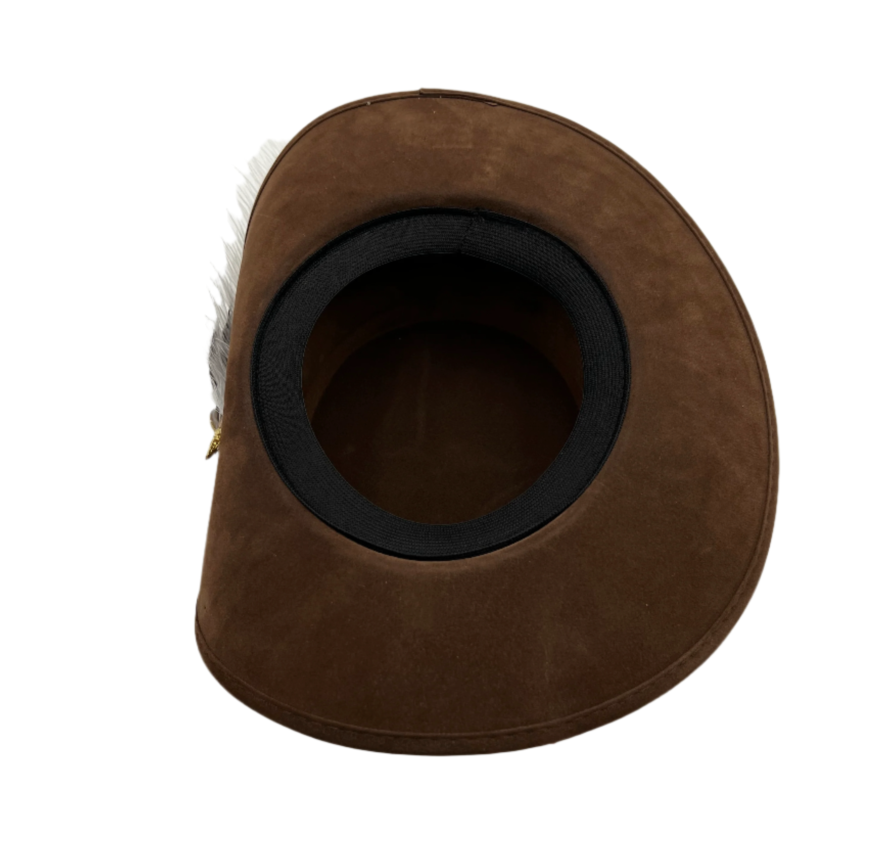 Bottom view of a brown flat top pirate hat showing the interior lining with an elastic band for adjustable fit and cleanly finished seams.