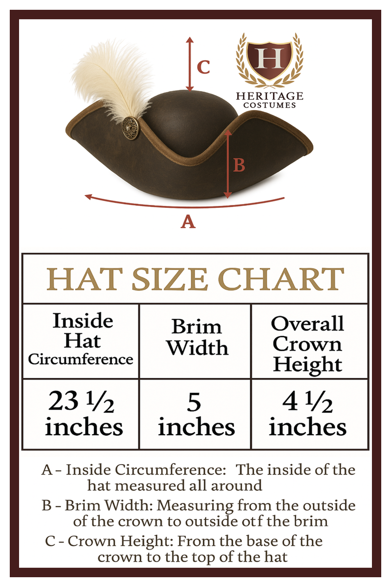 Buccaneer hat size chart detailing head circumference in inches.