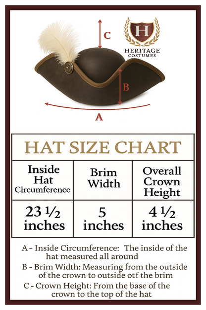 Buccaneer hat size chart detailing head circumference in inches.