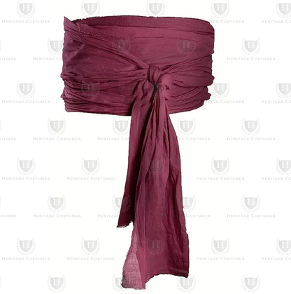 Burgundy Pirate Sash made from soft cotton fabric, designed to wrap around the waist for an authentic 17th- and 18th-century pirate look, perfect for costumes, Renaissance fairs, and theatrical performances.