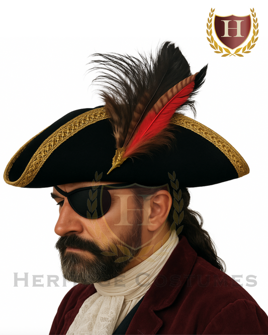 Model view of a Calico Jack–inspired pirate tricorn hat, molded felt design with traditional wide brim, worn during the 17th and 18th centuries.