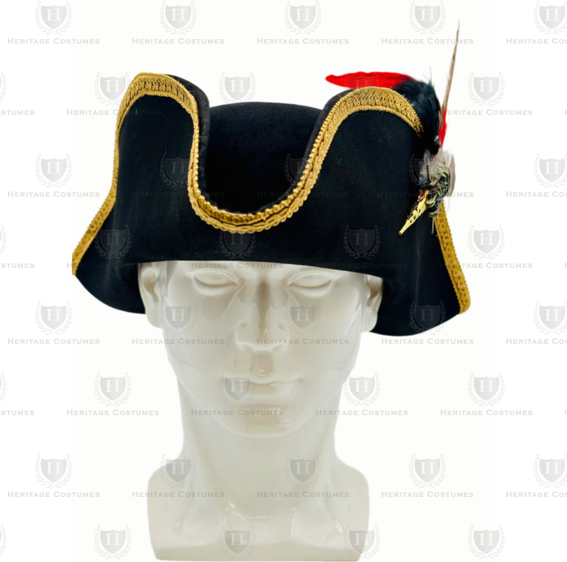 Front view of Calico Jack's Tricorne, showcasing the bold feather accessory, bronze-tone pirate skull with crossed swords, and intricate gold braid trim for an authentic pirate look