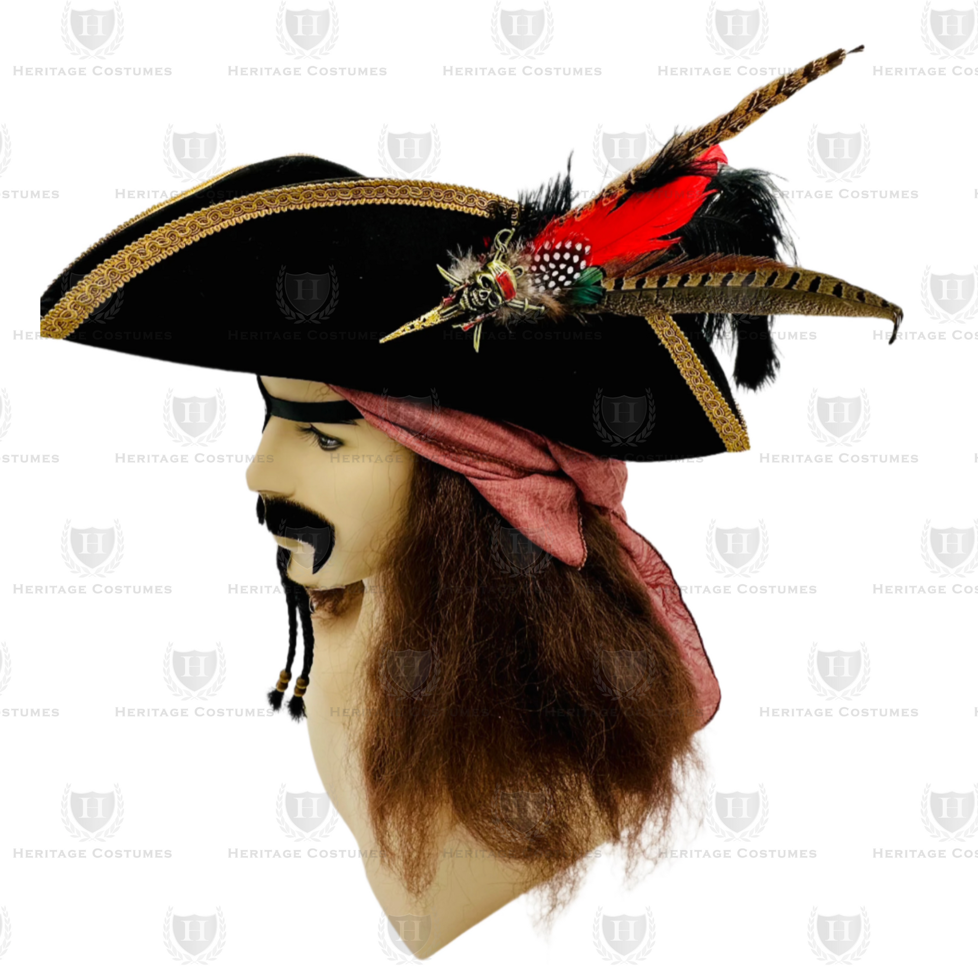 Side view of Calico Jack's Tricorn Hat, showcasing the curved brim with gold braid trim, distressed faux suede finish, and detailed feather accessory with a bronze-tone pirate skull and crossed swords.