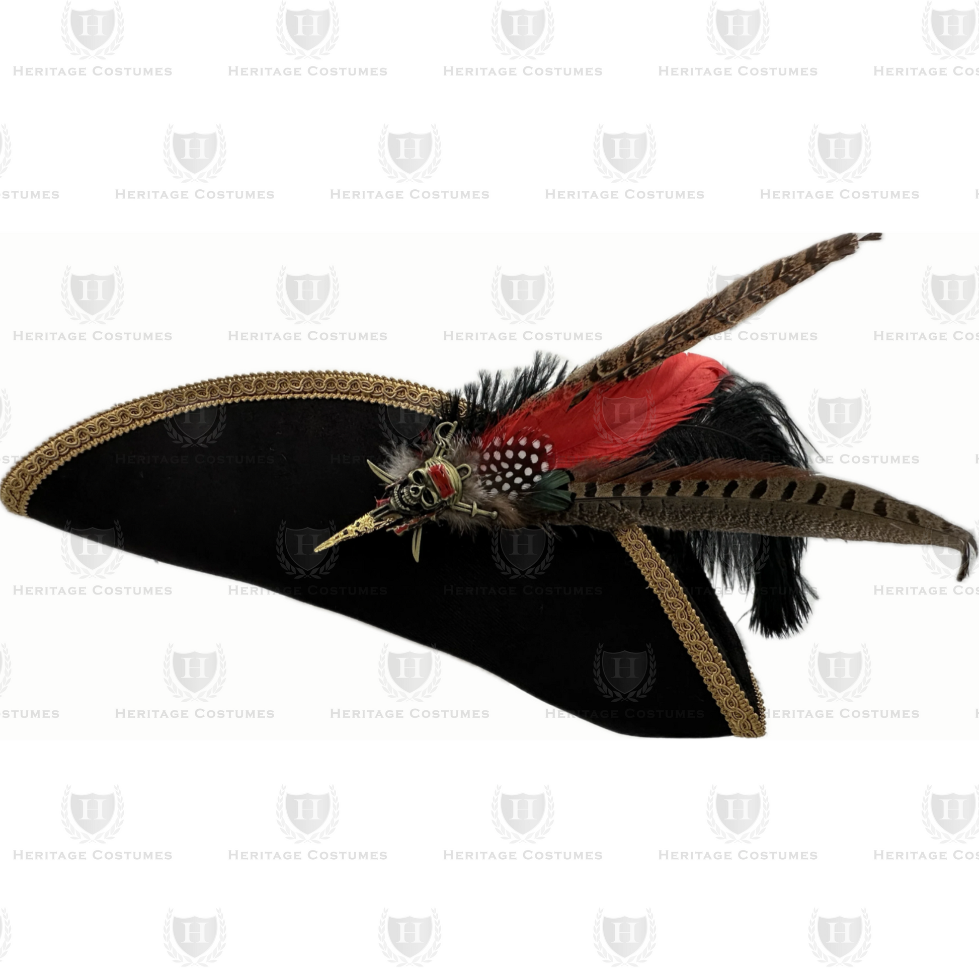 trim detailing, a bold feather accessory with ornate gold filigree, and a moldable brim for authentic flair. Perfect for pirate faires, historical reenactments, or costume events.