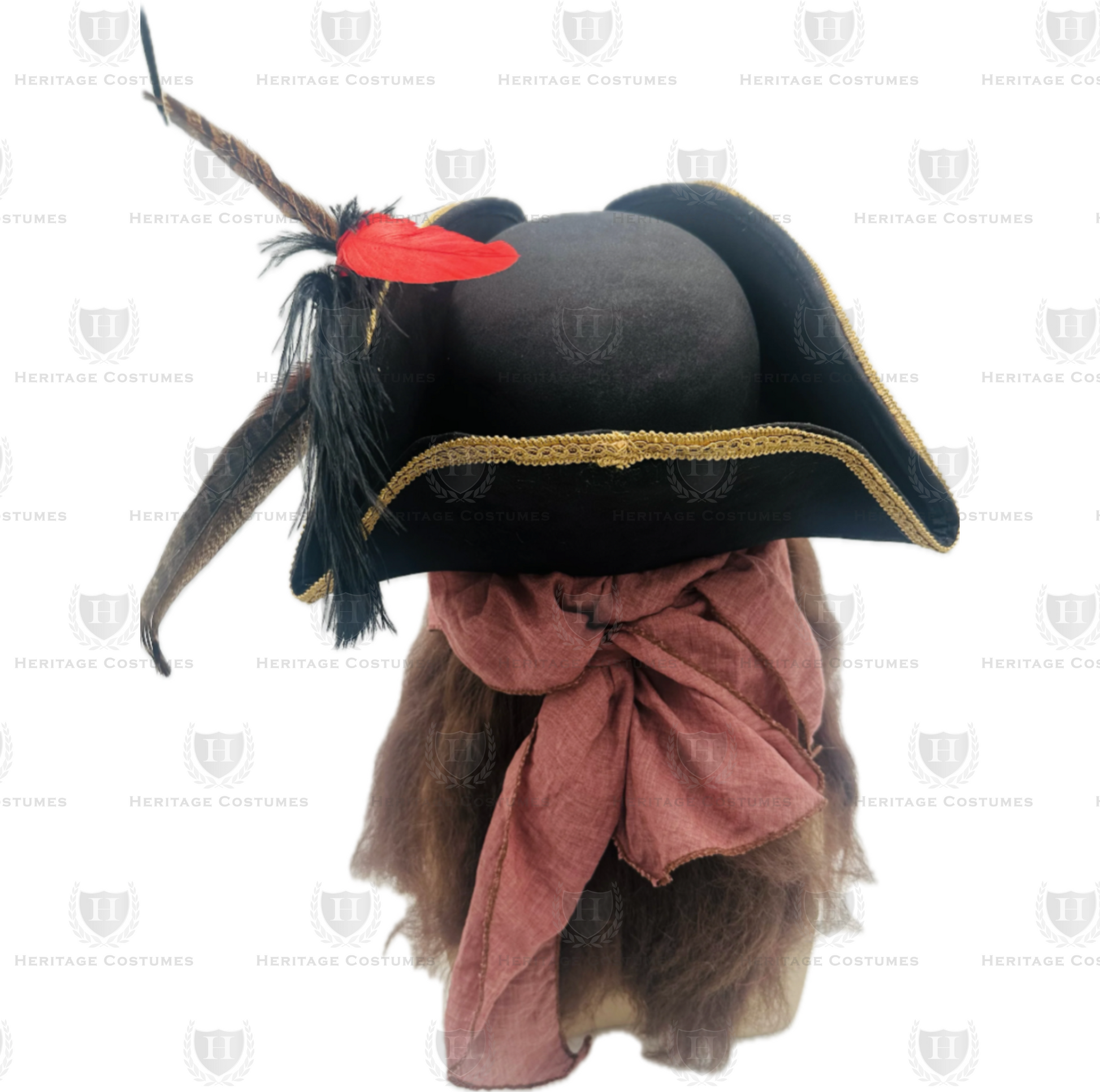 Back view of Calico Jack's Tricorne, highlighting the detailed gold braid trim, adjustable moldable brim, and the sleek faux suede finish for a classic pirate style.