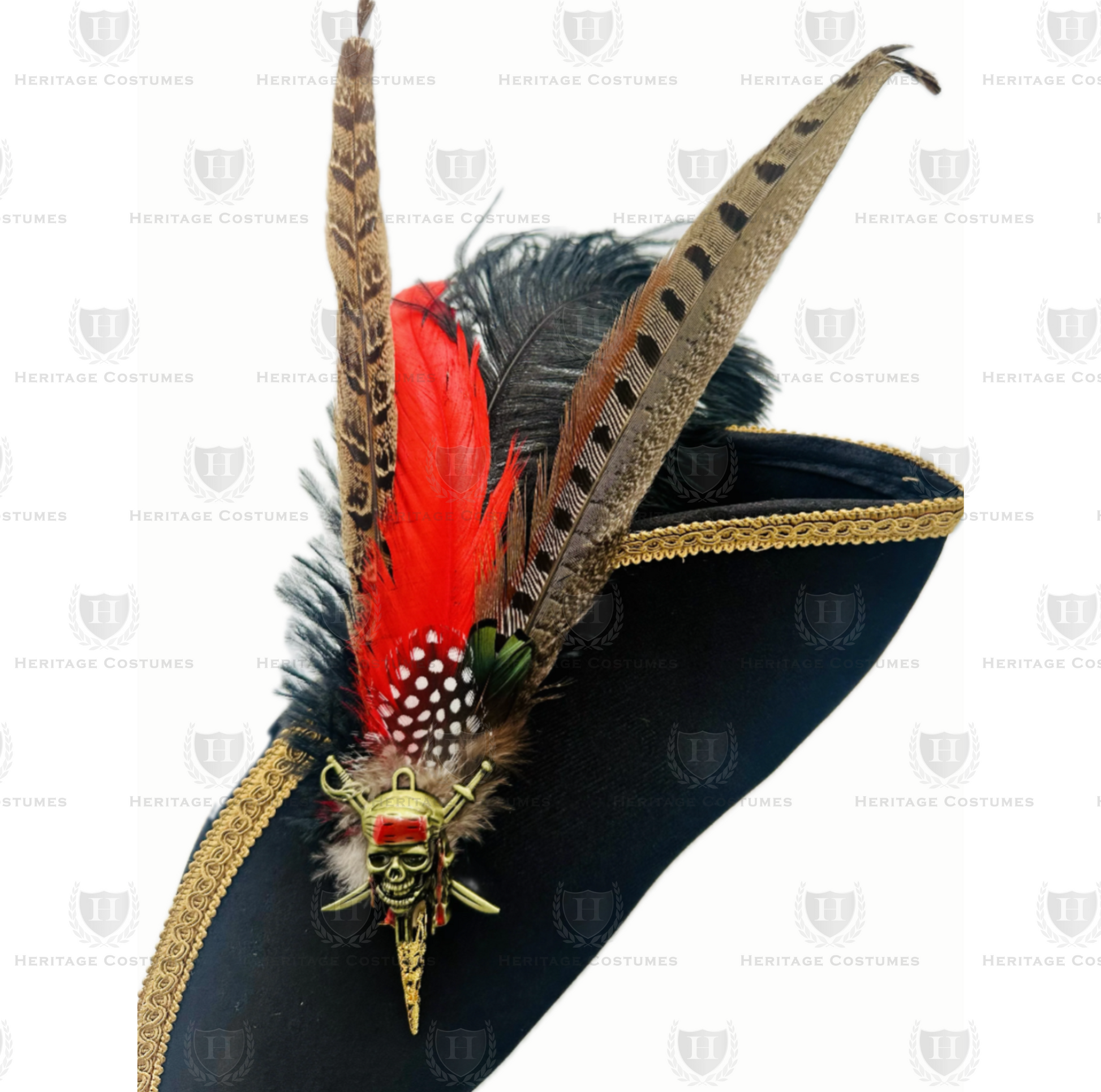 Close-up of Calico Jack's Tricorne highlighting the ornate feather accessory, featuring rich textures, gold filigree detailing, and vibrant plume accents for an authentic pirate look.