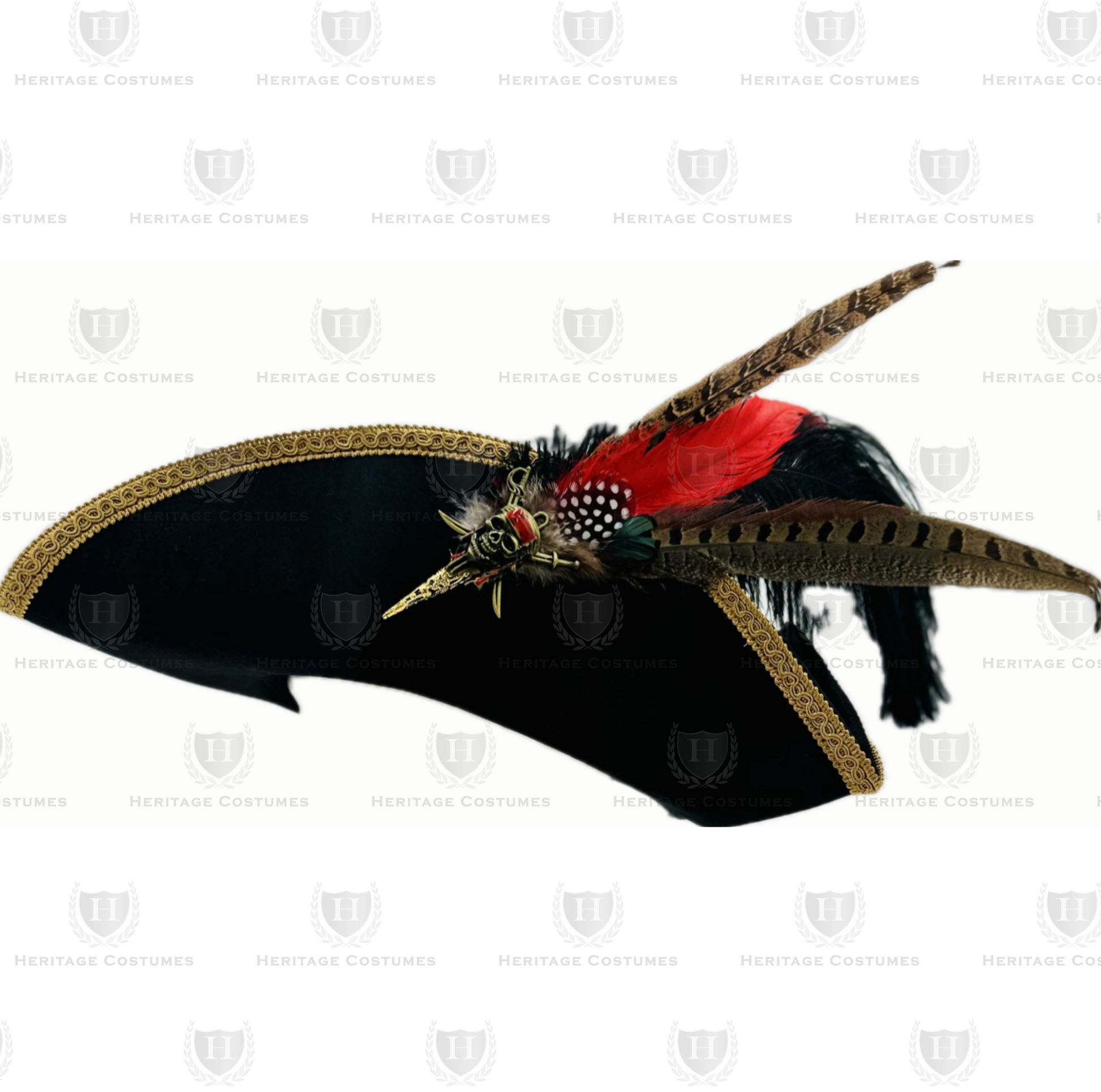 Side view of Calico Jack's Tricorne, featuring the elegantly curved brim with gold trim, a bold feather accent, and a distressed finish for an authentic pirate aesthetic.