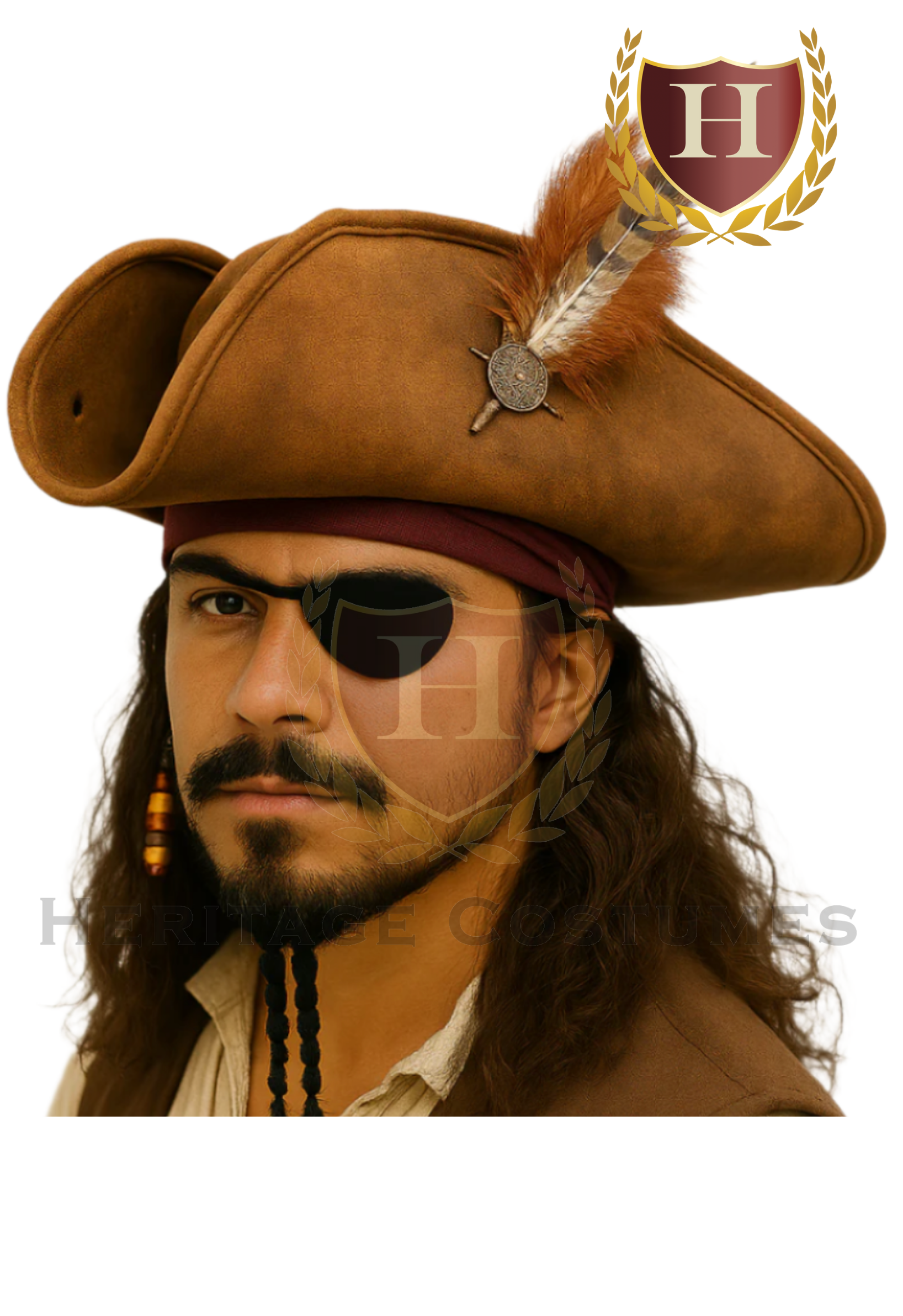 Model wearing a Caribbean-style pirate tricorn hat with feather accessory, showcasing the hat's shape, fit, and weathered finish.