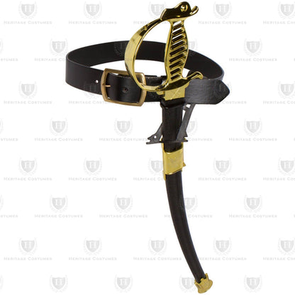 eremonial officer's sword saber with a decorative handle, plastic blade, and coordinating belt set with a silver buckle, perfect for historical costumes and reenactments.