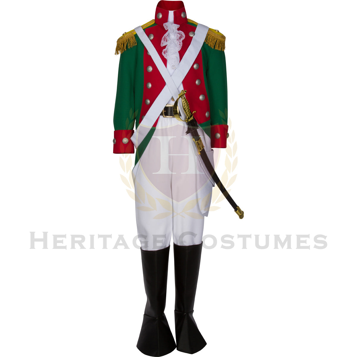 Children's American Revolution Continental Marine Corps officer uniform featuring a green jacket with red accents, white breeches, and historically accurate details, perfect for reenactments, school projects, and educational events.