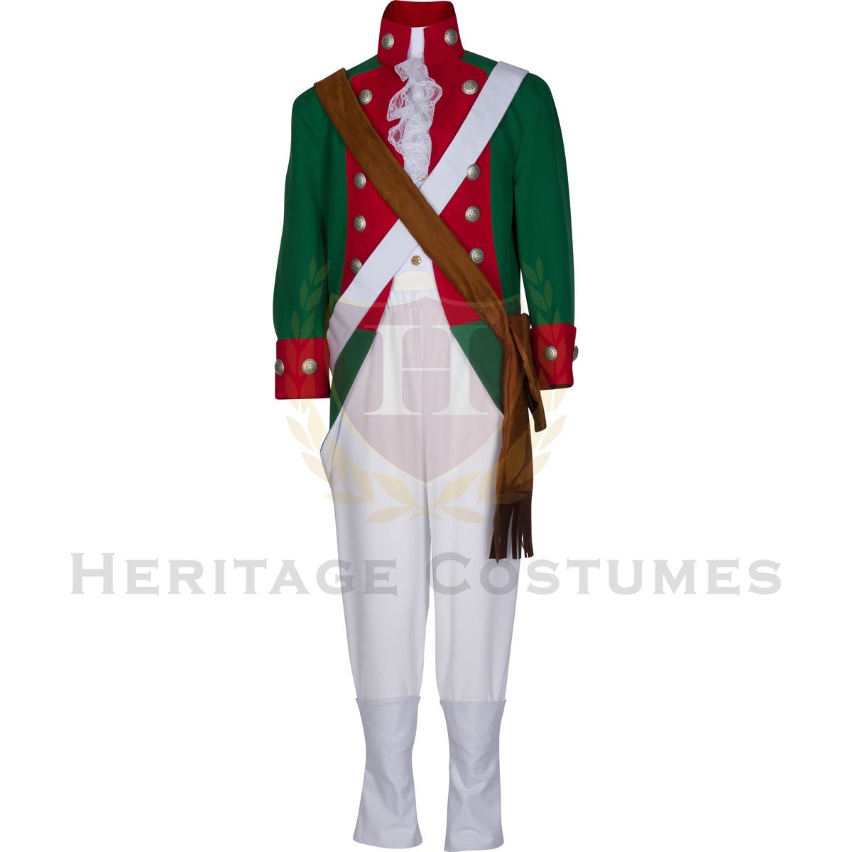 Children's American Revolution Continental Marine Corps officer uniform with canvas spats, featuring a green jacket with red accents, white breeches, and historically accurate details, perfect for reenactments, school projects, and educational events.