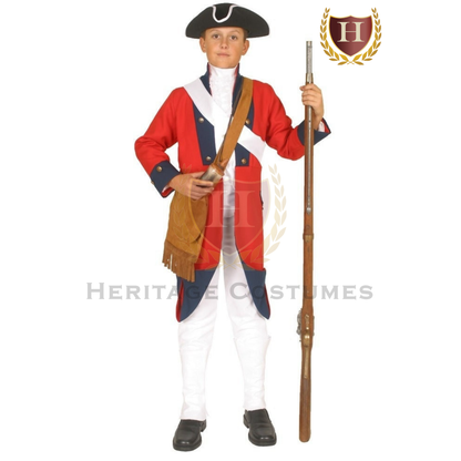 Child wearing a British red coat soldier uniform, American Revolutionary War military costume.