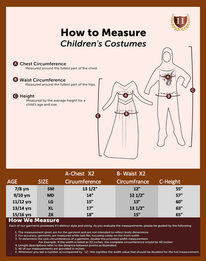 Children's Costume Size Chart with detailed measurements for chest, waist, and length, ensuring an accurate fit for historical reenactments, theatrical performances, and themed costumes.