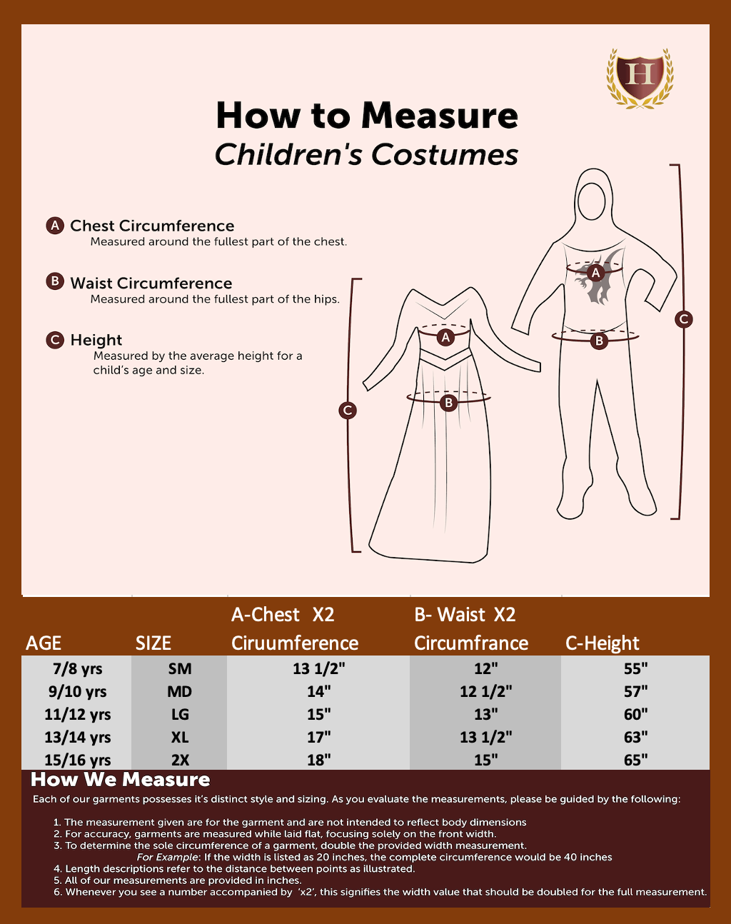 ldren's costume size chart providing measurements for various sizes to ensure the perfect fit for historical and themed costumes, including Victorian, Western, and colonial outfits.







