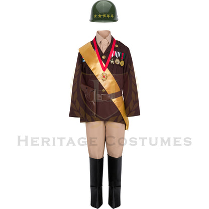 Front view of a children's George S. Patton uniform, showcasing a military-style jacket, trousers, and detailed accessories, designed to replicate the iconic look of the historical U.S. Army general.