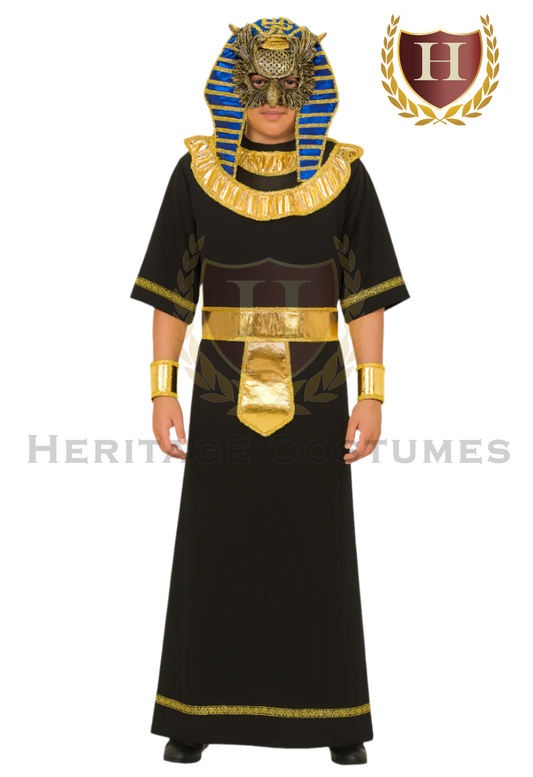 Child dressed as Horus, the Egyptian god, wearing a black robe with gold trim, a metallic gold belt, wrist cuffs, and a blue-and-gold striped headdress with an ornate falcon mask.