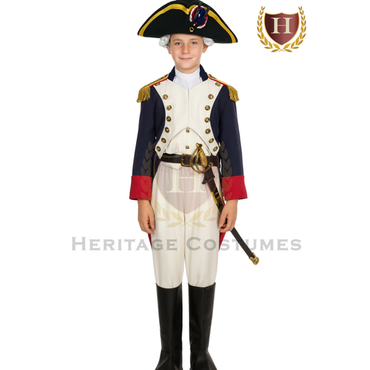 Child wearing a Marquis de Lafayette Revolutionary War uniform, French colonial military costume