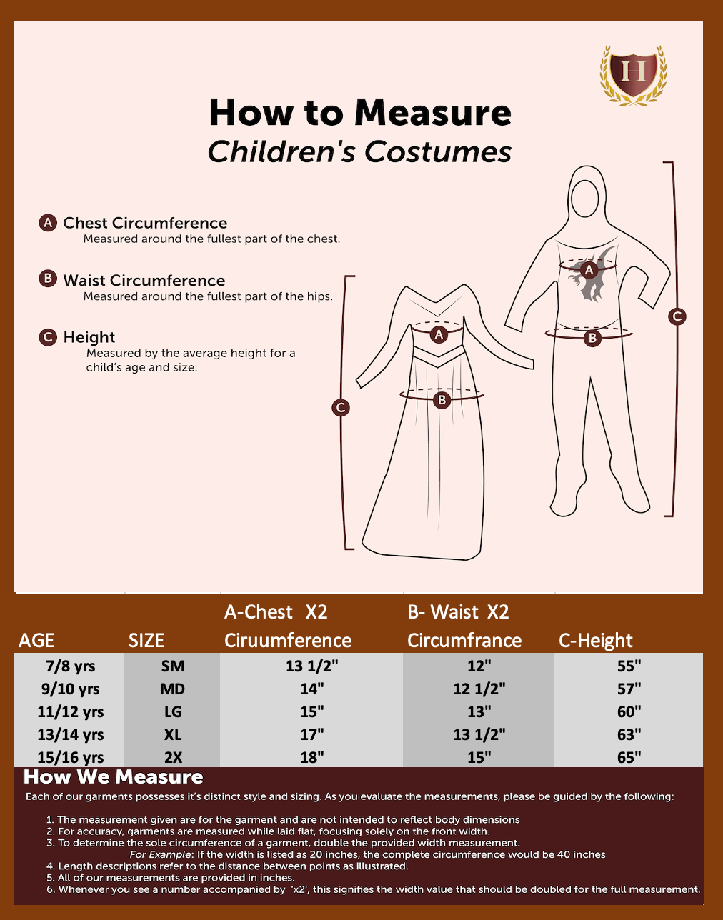 Heritage Costumes children's costume size chart providing detailed measurements for accurate sizing, ensuring a perfect fit for historical and theatrical costumes.