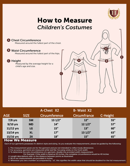 Children's size chart with detailed measurements for height, chest, waist, and other dimensions to ensure the perfect fit for costumes and historical reenactment outfits.