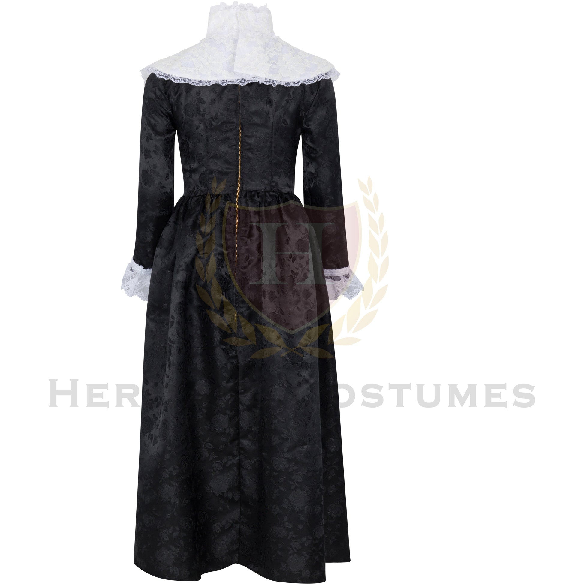 Back view of a Children's 19th Century Charles Dickens Victorian Black Dress, showcasing its elegant period-accurate design, detailed tailoring, and vintage-inspired silhouette, perfect for historical reenactments and theatrical performances.