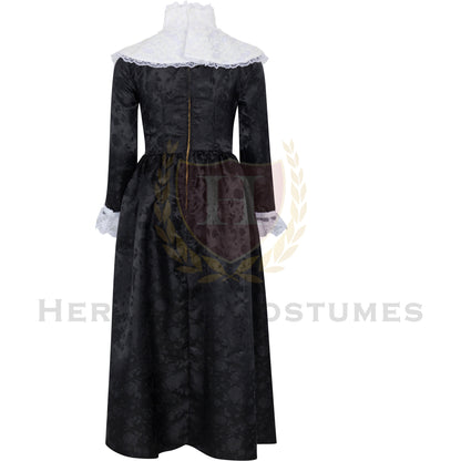 Back view of a Children's 19th Century Charles Dickens Victorian Black Dress, showcasing its elegant period-accurate design, detailed tailoring, and vintage-inspired silhouette, perfect for historical reenactments and theatrical performances.