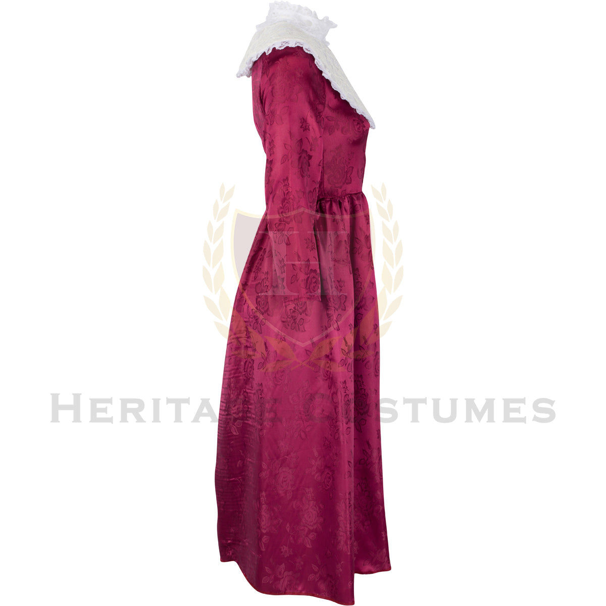 Side view of a Children's 19th Century Charles Dickens Victorian Dress, featuring a classic period-accurate design with elegant lace detailing and vintage-inspired craftsmanship, perfect for historical reenactments and theatrical performances.
