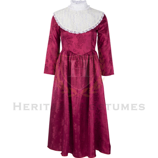 Front view of a Children's 19th Century Charles Dickens Victorian Dress, featuring a classic period-accurate design with elegant lace detailing and vintage-inspired craftsmanship, perfect for historical reenactments and theatrical performances.