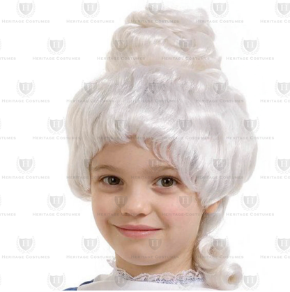 Children's Abigail Adams wig – Classic white colonial-style powdered wig, perfect for historical reenactments, school projects, and 18th-century period costumes.