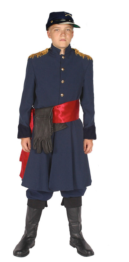 Children’s American Civil War Union soldier uniform featuring a navy blue jacket with gold buttons, matching trousers, and period-accurate details. Perfect for historical reenactments, school plays, and educational events.