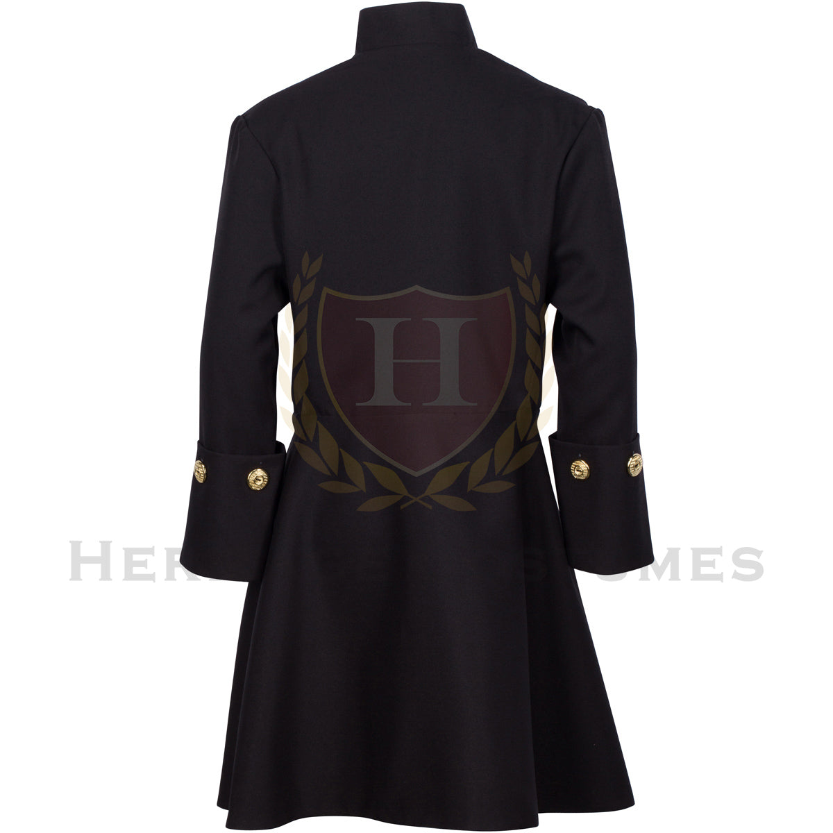 Back view of a Children's Black Colonial Frock Coat featuring a historically inspired 18th-century design with decorative gold buttons, crafted from durable gabardine fabric, perfect for historical reenactments, theatrical performances, and colonial-themed events.