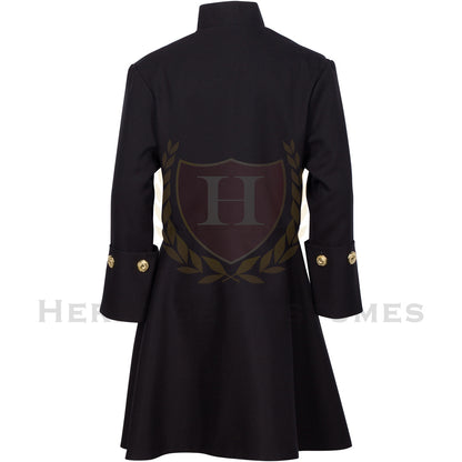 Back view of a Children's Black Colonial Frock Coat featuring a historically inspired 18th-century design with decorative gold buttons, crafted from durable gabardine fabric, perfect for historical reenactments, theatrical performances, and colonial-themed events.