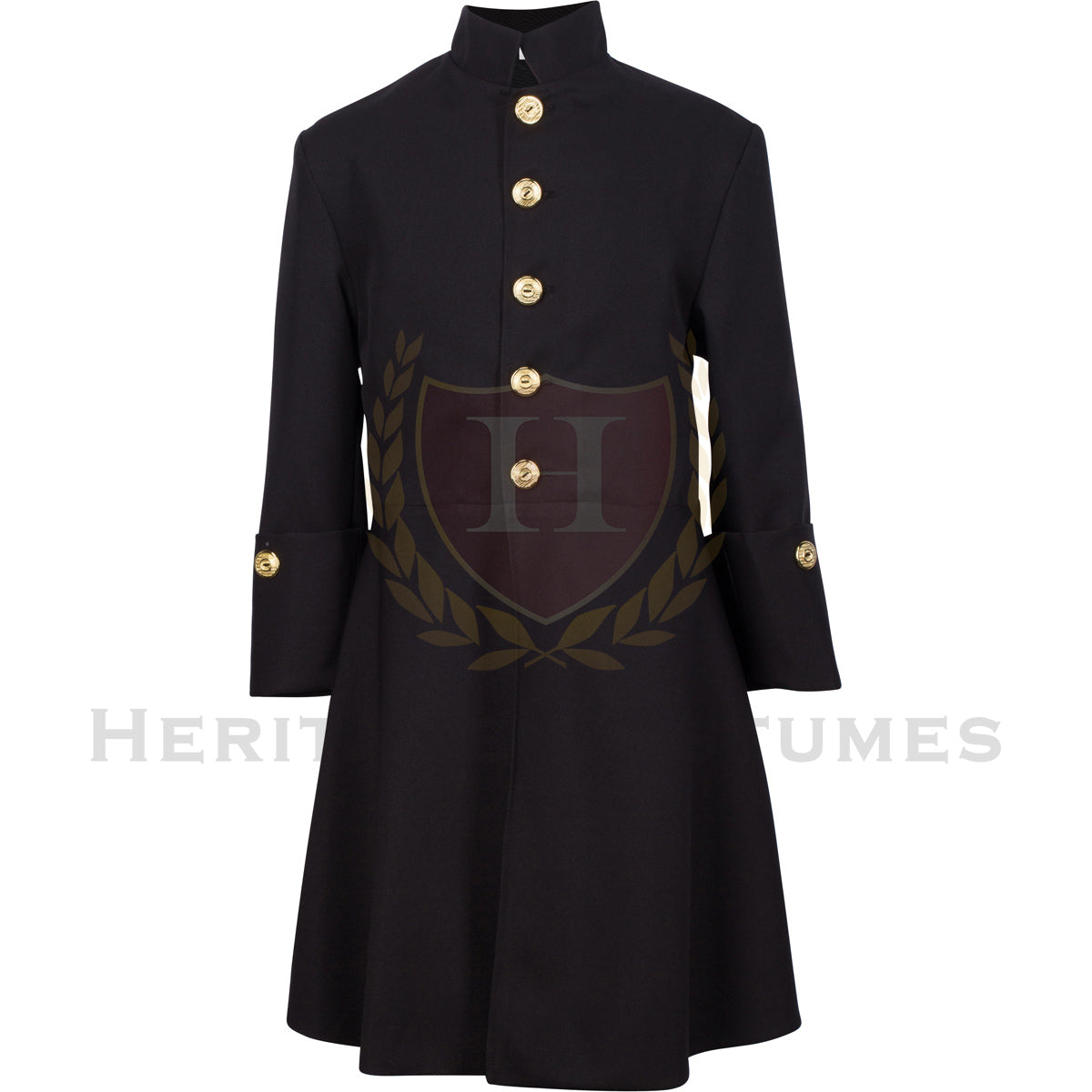 Front view of a Children's Black Colonial Frock Coat featuring a historically inspired 18th-century design with decorative gold buttons, crafted from durable gabardine fabric, perfect for historical reenactments, theatrical performances, and colonial-themed events.
